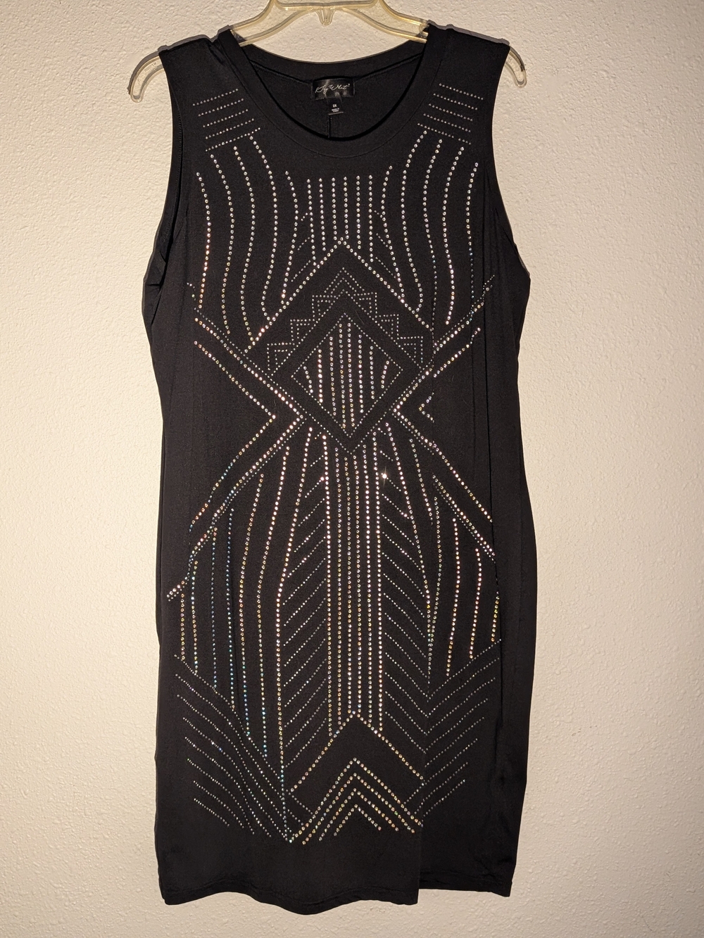 Say What? Black Sleeveless Bodycon Dress with Geometric Rhinestones